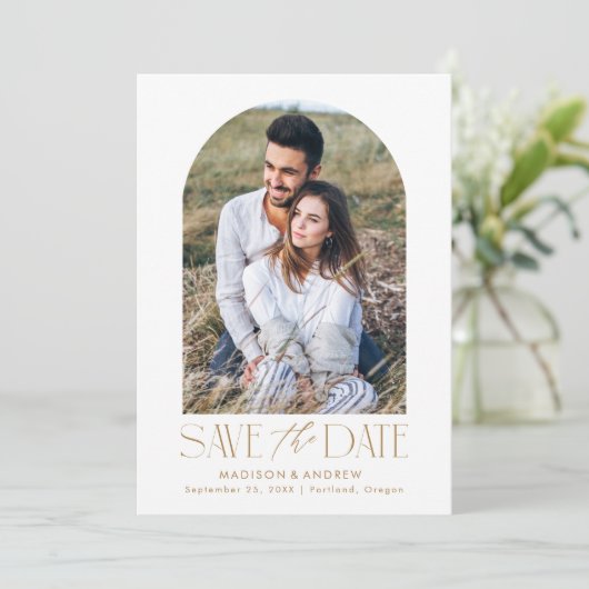 Eenvoudige moderne gouden boog foto save the date (Staand voorkant)
