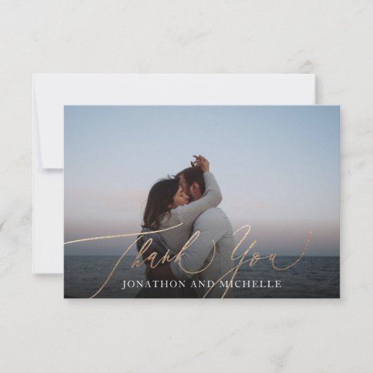 Eenvoudige moderne gouden kalligrafie trouwfoto bedankkaart (Voorkant)