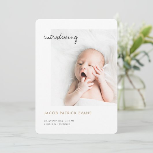 Eenvoudige moderne goudfoto-jongen of meisjes aankondiging (Staand voorkant)