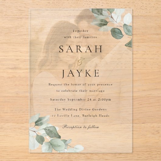 Eenvoudige moderne Green Leaf Portrait bruiloft Acryl Uitnodigingen (Voorkant)