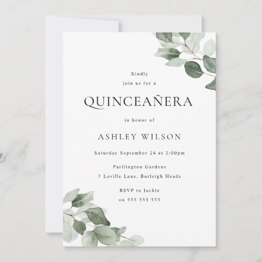 Eenvoudige moderne groene blad Quinceanera 15e ver Kaart (Voorkant)