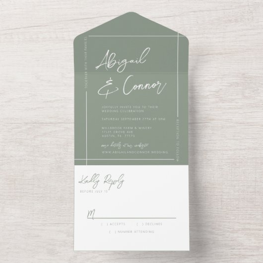 Eenvoudige, moderne, groene kalligrafie all in one uitnodiging (Binnen)