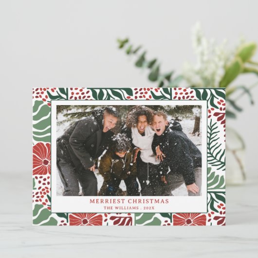 Eenvoudige Moderne Groene Rode Patroon Foto Kerstm Feestdagenkaart (Staand voorkant)