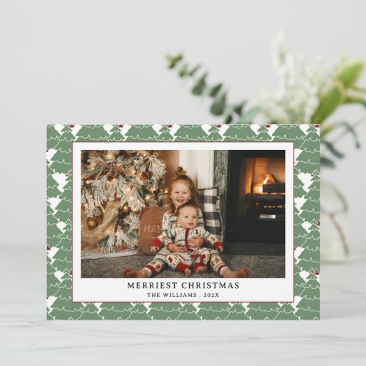 Eenvoudige Moderne Groene Rode Patroon Foto Kerstm Feestdagenkaart (Staand voorkant)