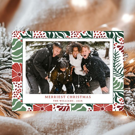Eenvoudige Moderne Groene Rode Patroon Foto Kerstm Feestdagenkaart