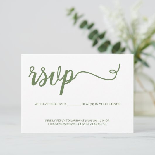 Eenvoudige Moderne groene Script RSVP zonder maili (Staand voorkant)