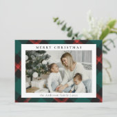 Eenvoudige moderne groene Tartan Plaid | Foto van  Feestdagenkaart (Staand voorkant)