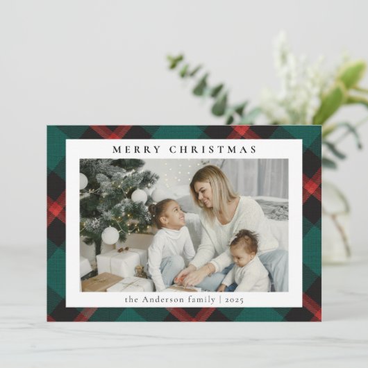 Eenvoudige moderne groene Tartan Plaid | Foto van  Feestdagenkaart (Staand voorkant)