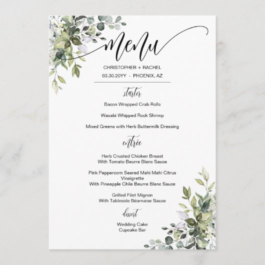 Eenvoudige Moderne Groene Tuin Bruiloft Evenement Menu (Voorkant)