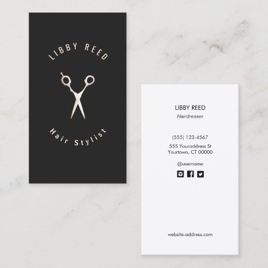 Eenvoudige moderne haarstyliste schaar zwart visitekaartje (Voorkant / Achterkant)