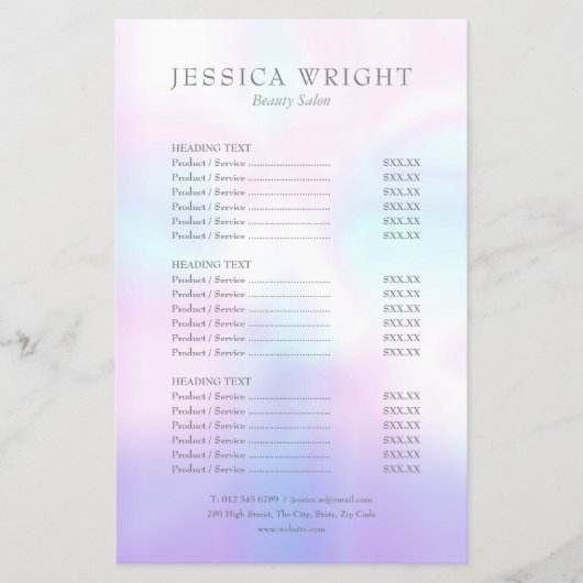Eenvoudige Moderne Iridiserende Salon Service Menu (Voorkant)