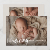 Eenvoudige moderne kalligrafie Baby Drie Fotogeboo Aankondiging (Voorkant / Achterkant)