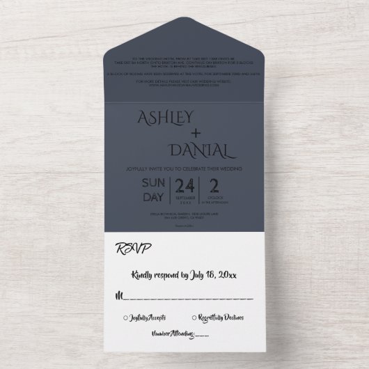 Eenvoudige moderne kalligrafie blauw elegante brui all in one uitnodiging (Binnen)