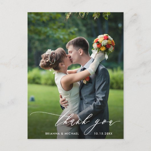 Eenvoudige moderne kalligrafie bruiloft foto dank  briefkaart (Voorkant)