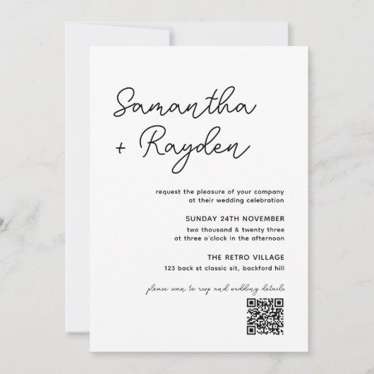 Eenvoudige moderne kalligrafie foto QR code bruilo Kaart (Voorkant)