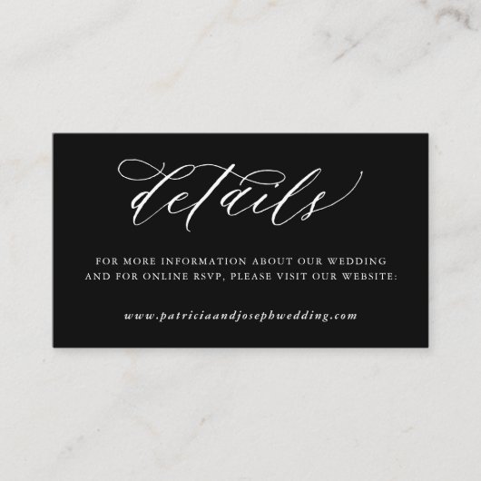 Eenvoudige moderne kalligrafie zwart bruiloft deta informatiekaartje (Voorkant)