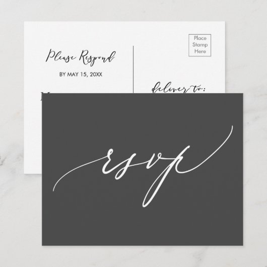 Eenvoudige moderne kalligrafie zwart wit bruiloft  uitnodiging briefkaart (Voorkant / Achterkant)