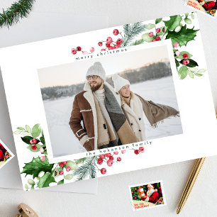Eenvoudige moderne kerst groen witte één foto feestdagenkaart