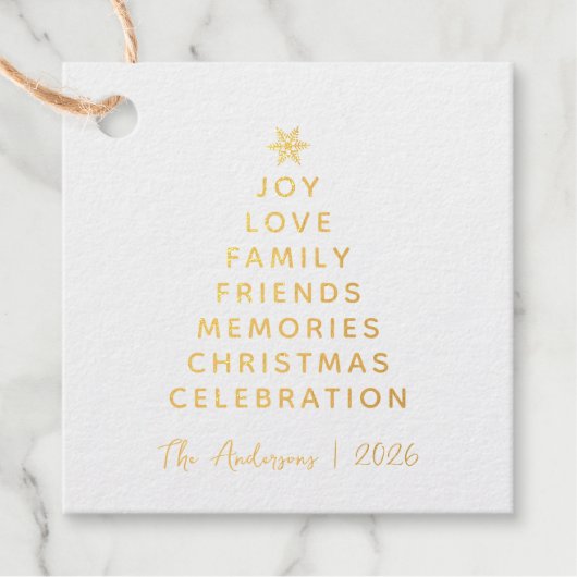 Eenvoudige moderne kerstboom wenst goud bedankjes labels (Voorkant)