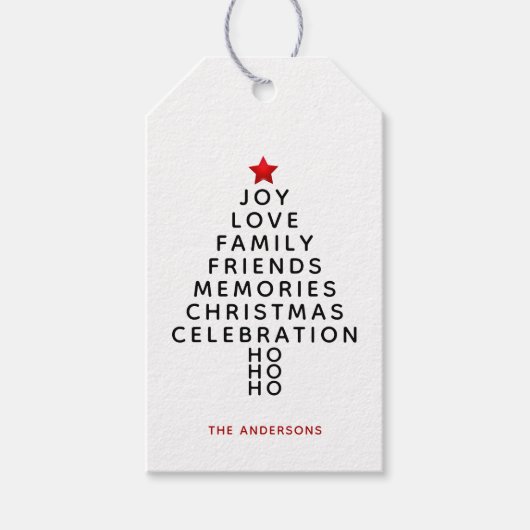 Eenvoudige, moderne kerstboompluis met cadeautjes  cadeaulabel (Voorkant)