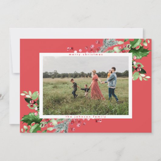 Eenvoudige, moderne kerstkerkers, witte rode foto feestdagenkaart (Voorkant)