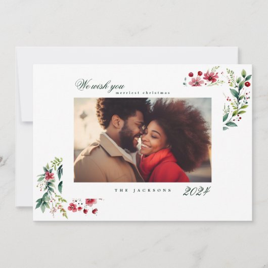 Eenvoudige, moderne kerstkerkers, witte rode foto feestdagenkaart (Voorkant)