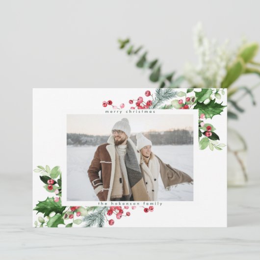 Eenvoudige Moderne Kerstmis Groen Wit Één Foto Feestdagenkaart (Staand voorkant)