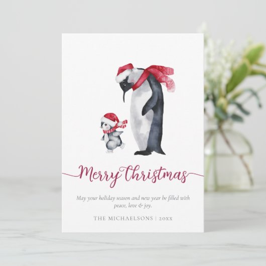 Eenvoudige Moderne Kerstmis Pinguïn Botanisch Feestdagenkaart (Staand voorkant)