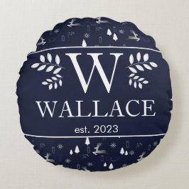 Eenvoudige moderne Kerstmonogram pasgehuwde foto Rond Kussen