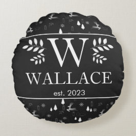 Eenvoudige moderne Kerstmonogram pasgetrouwde foto Rond Kussen