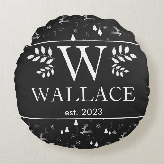 Eenvoudige moderne Kerstmonogram pasgetrouwde foto Rond Kussen (Voorkant)