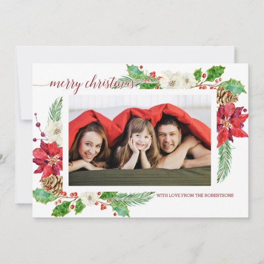 Eenvoudige moderne kerstpoinsettia Floral Holly Kaart (Voorkant)