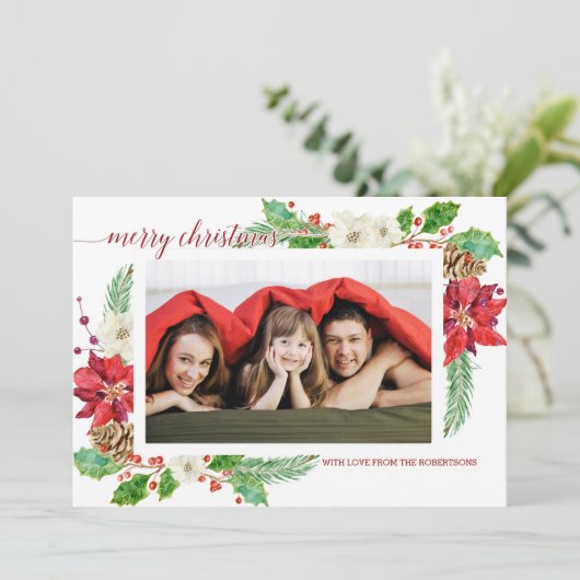 Eenvoudige moderne kerstpoinsettia Floral Holly Kaart (Staand voorkant)