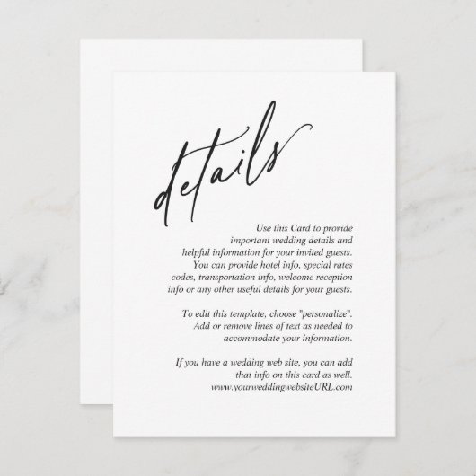 Eenvoudige moderne klassieke bruiloft - details informatiekaartje (Voorkant / Achterkant)