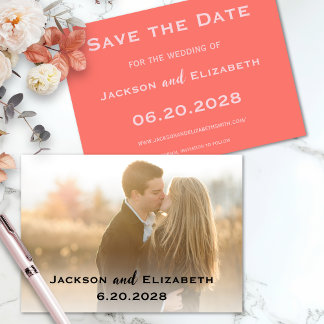 Eenvoudige moderne koraal en roze foto bruiloft save the date