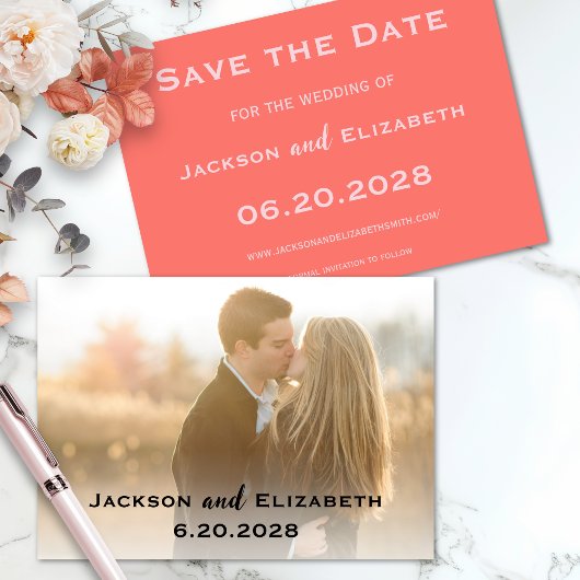Eenvoudige moderne koraal en roze foto bruiloft save the date