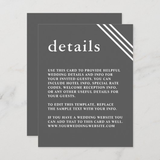 Eenvoudige moderne legante grijze bruiloft - detai informatiekaartje (Voorkant / Achterkant)
