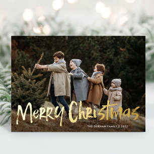 Eenvoudige moderne letters twee foto Vrolijk Kerst Folie Feestdagenkaart