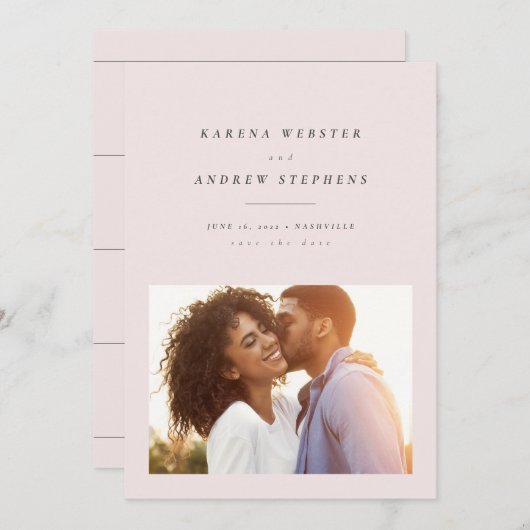 Eenvoudige, moderne, lichtroze foto waarop de datu save the date (Voorkant / Achterkant)