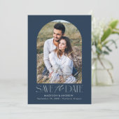 Eenvoudige moderne marine boog foto save the date (Staand voorkant)