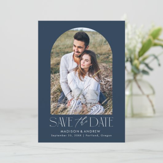 Eenvoudige moderne marine boog foto save the date (Staand voorkant)