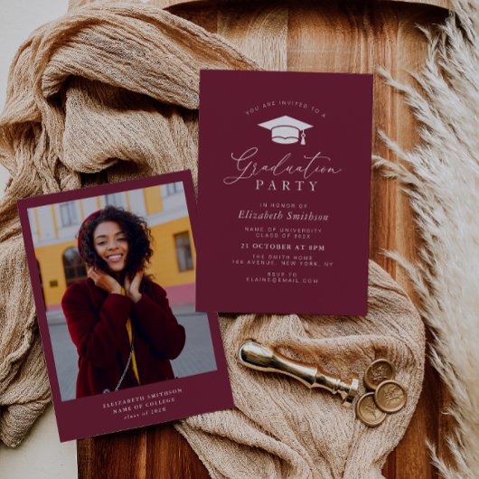 Eenvoudige Moderne Maroon Graduation Party Uitnodi Kaart