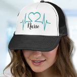 Eenvoudige moderne medische arts verpleegkundige trucker pet<br><div class="desc">Blauwgroen Blauwe Moderne Hartslag EKG-lijn Medische Verpleegkundige Trucker Hoed. Turquoise hartslag EKG hartslag print, voor een verpleegschool of medische school afstuderen cadeau of gewoon voor uw favoriete verpleegkundige! Je kunt niet alleen de letterkleuren veranderen (en natuurlijk de tekst), maar je kunt ook de achtergrondkleuren veranderen waardoor de hartslaglijnkleur verandert! Je...</div>