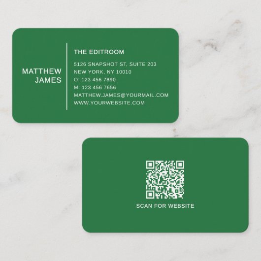 Eenvoudige Moderne Minimaal Matte Groene QR Code Visitekaartje (Voorkant / Achterkant)
