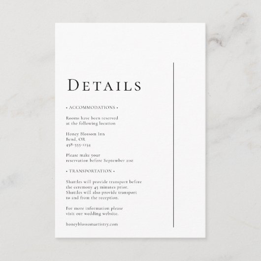 Eenvoudige moderne minimale bruiloft details informatiekaartje (Voorkant)