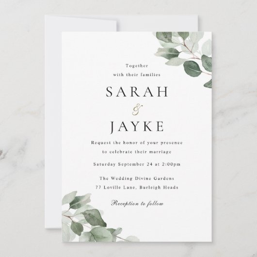 Eenvoudige moderne minimale groene blad bruiloft kaart (Voorkant)