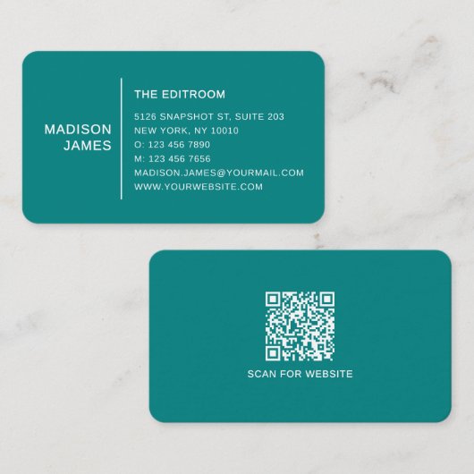 Eenvoudige Moderne Minimale Turquoise QR Code Visitekaartje (Voorkant / Achterkant)