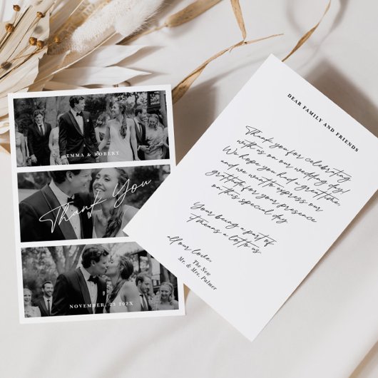 Eenvoudige moderne minimalistische 3 foto bruiloft bedankkaart