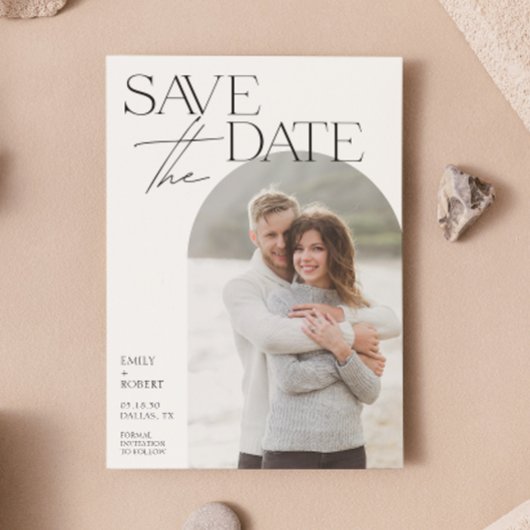 Eenvoudige moderne minimalistische boog foto bruil save the date