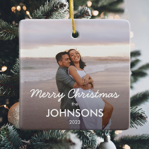 Eenvoudige moderne minimalistische kerst paar foto keramisch ornament